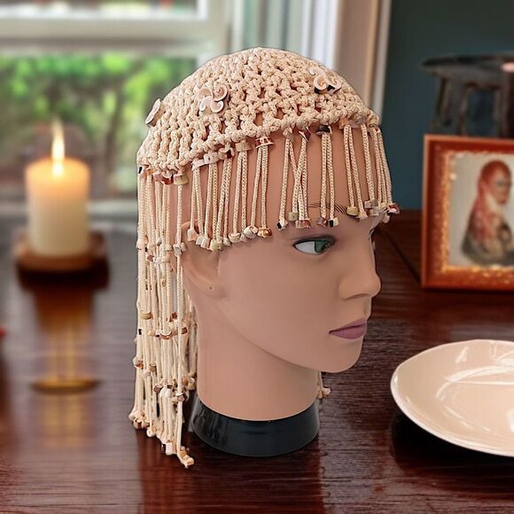 Vtg 70s Macrame Crown Headpiece Cowrie Shell Flapper Seashell Bohemian Cleopatra main image 6